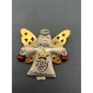 Vintage AJMC Joy Angel Stars Christmas Brooch Pin Mixed Metal Rhinestone Signed